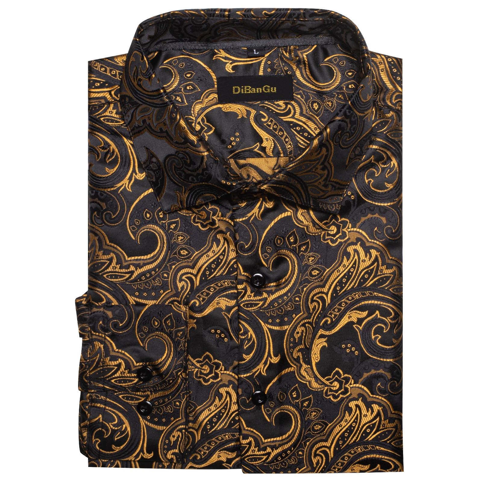 Men Dress Shirt Formal Prom Tuxedo Long Sleeve Silk Polyester Golden Color Paisley Black Shirts Blouse Men Clothing250904