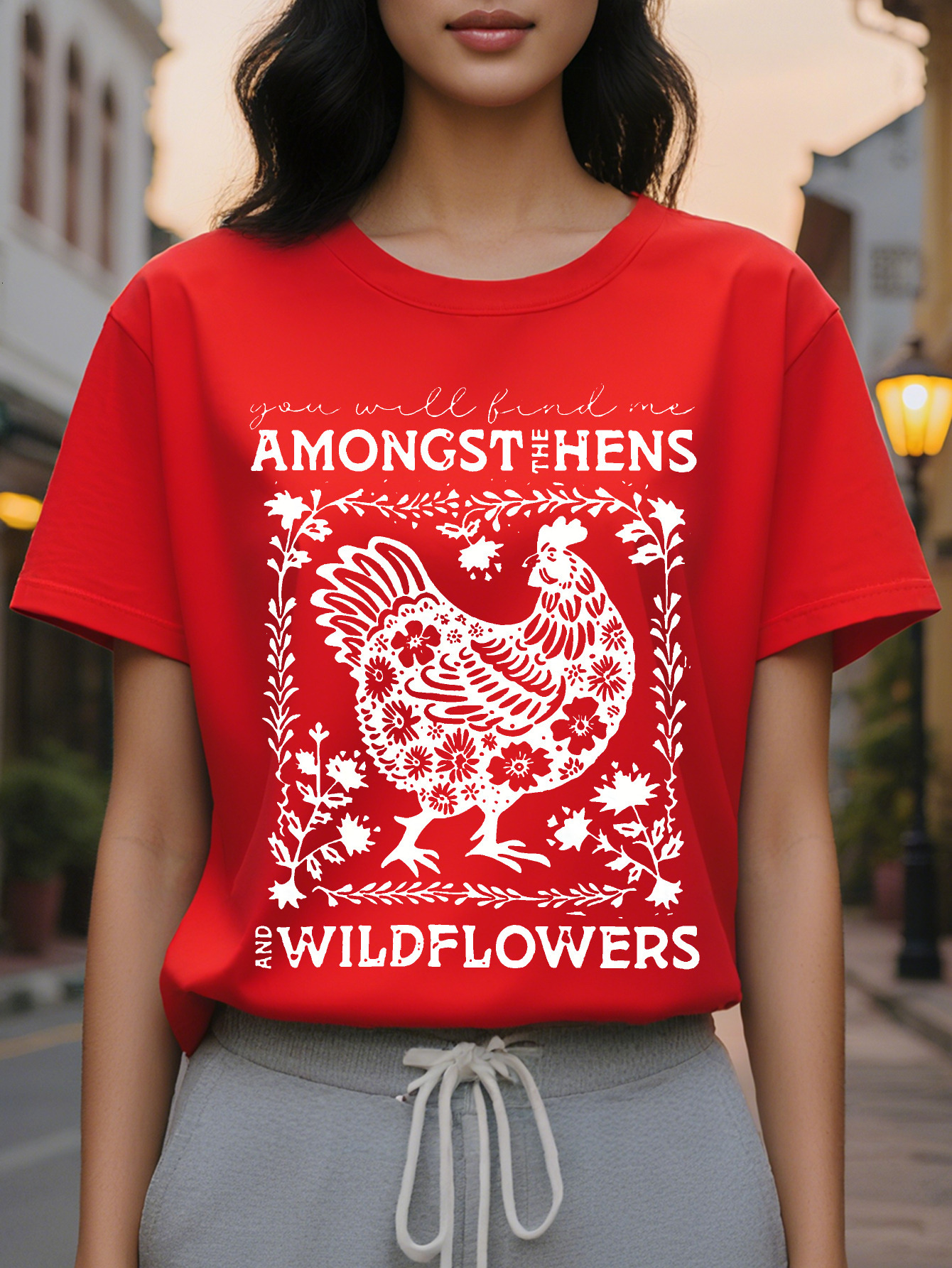 Large XL Women s Casual Crew Neck T Shirt With Hen And Wildflower Print Material Cotton Rayon Plus Size