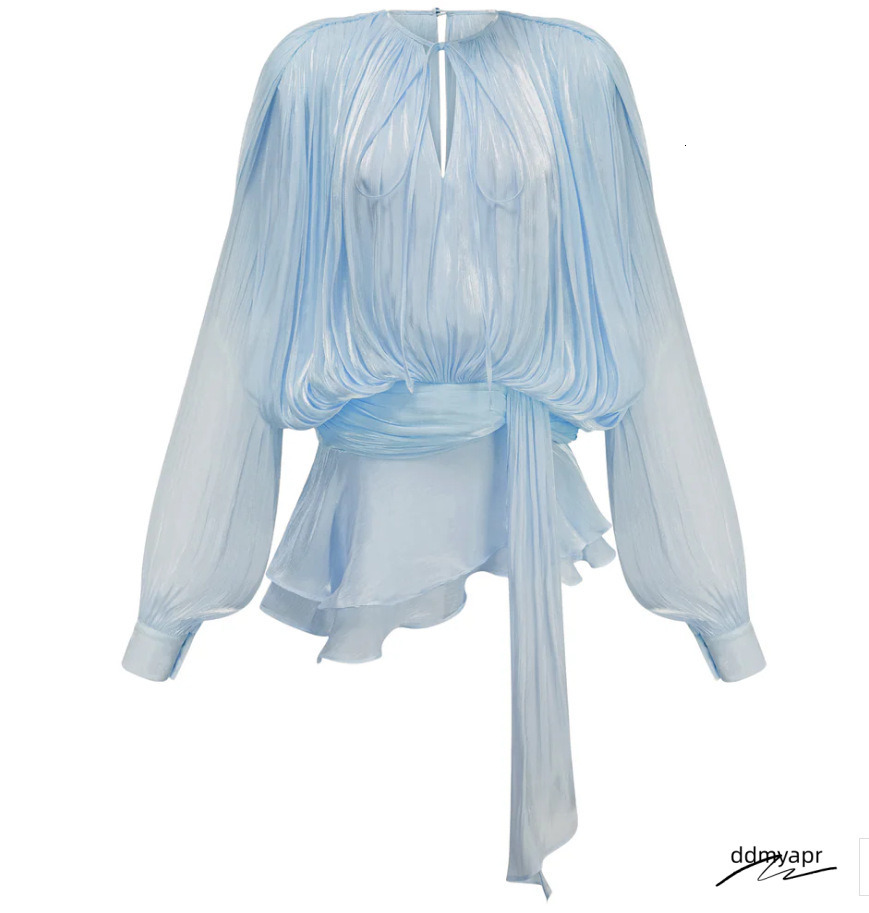 Casual Dresses Chic Ruffle Hem Mini Dress O Neck Lace Up Loose Ddmyday Blouse Lantern Sleeve Solid Chiffon Vestidos 2025 Lady Spring Gown Ddmyday Ddmy