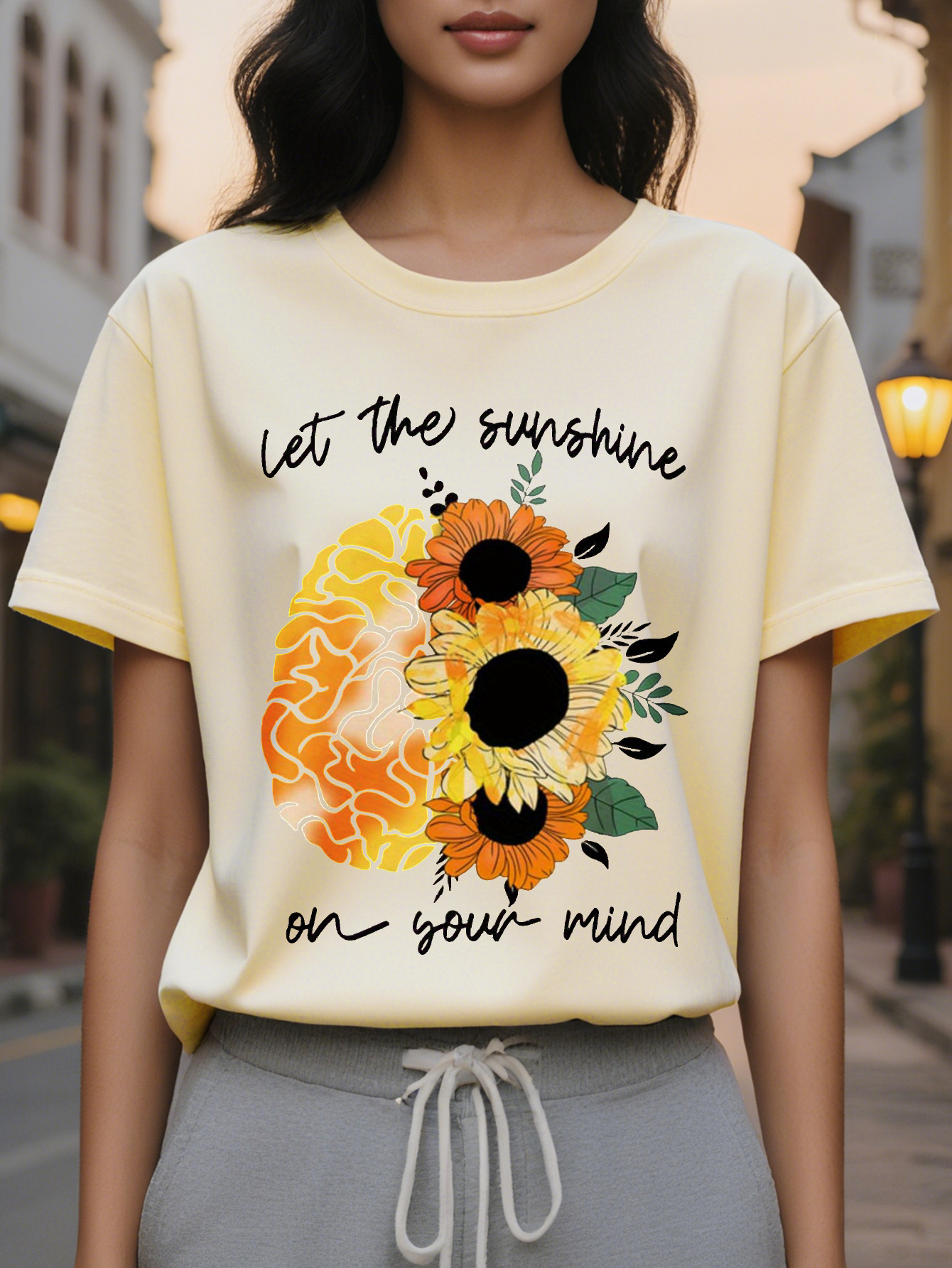 Ladies Elegant T-Shirt Let The Sun Light Up Your Heart Pattern Round Neck Short Sleeve Cotton Wear Casual