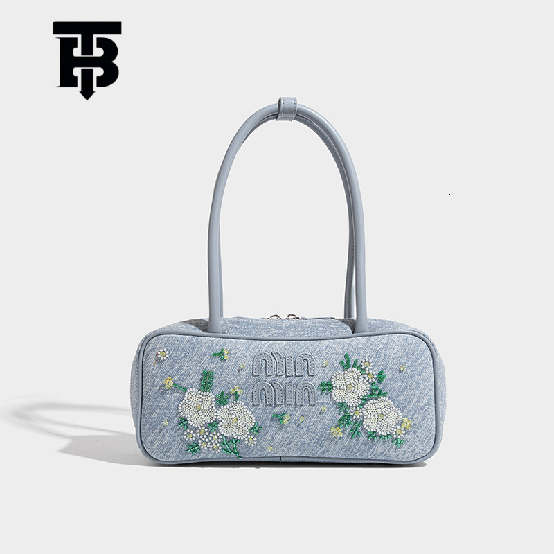 TB BHULAMTE Vintage Denim Embroidered Bowling Designer S Bag Bag For Women, High-end Niche Fashion Underarm Bag, Hundred Towers Commuting Shoulder Han