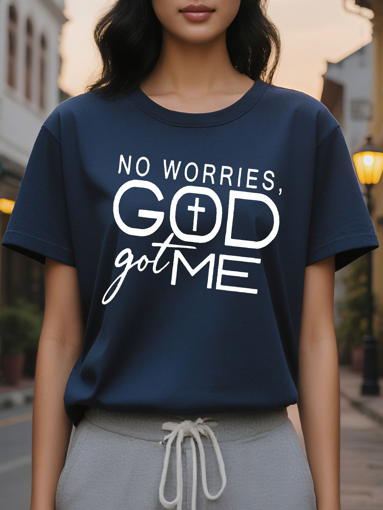 Christian Women s NO WORRIES GOD GOT ME Casual Short Sleeve T Shirt Black with White Lettering Medium Stretch Round