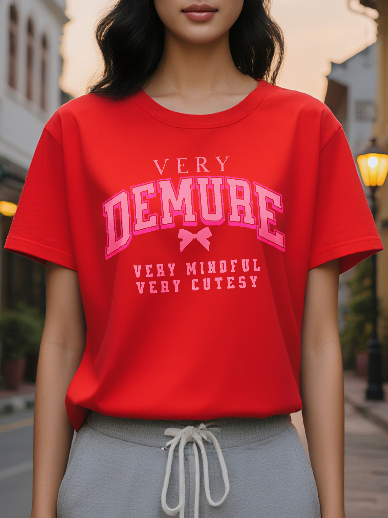 Women S Casual Short Sleeve T-Shirt Demure Very Mindful Bow Print White with Pink Lettering Round Neck Lightweight
