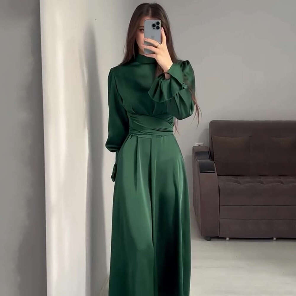 2024 Autumn New Long Waist Cinch Puff Sleeve Solid Color Fairy Style Dress