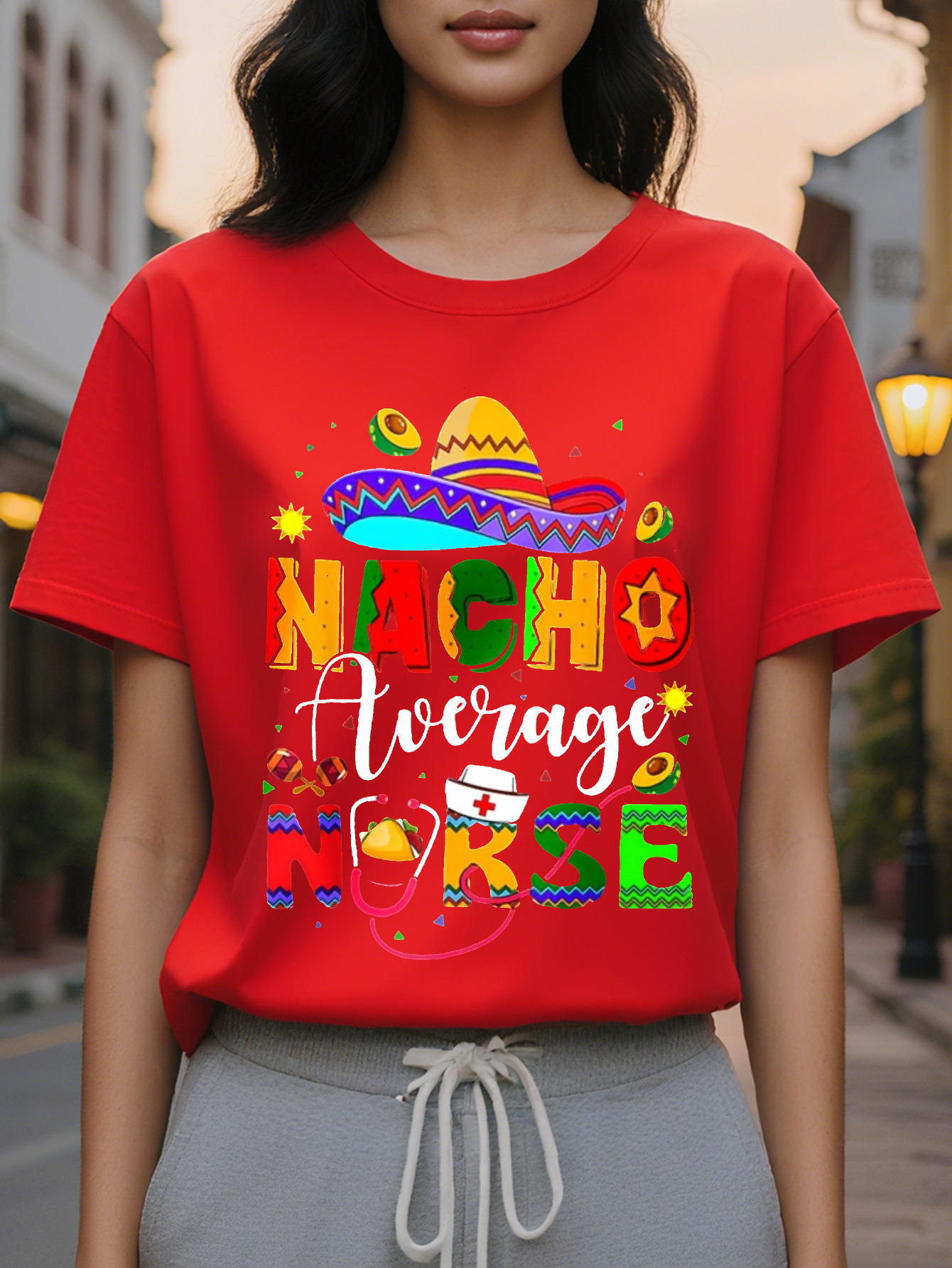Nacho Women's Casual Short Sleeve T-Shirt Daily Color Nachos and Cheese Print Translucent Round Neck Summer Top