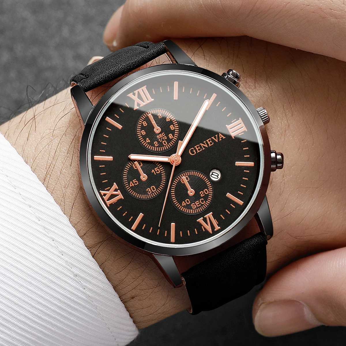 4pcsset Mens Handse Watch Simple Ran Sc Three Eye Dial Mens Cndar Leather Strap Quartz Cbination Watch No Box X250904