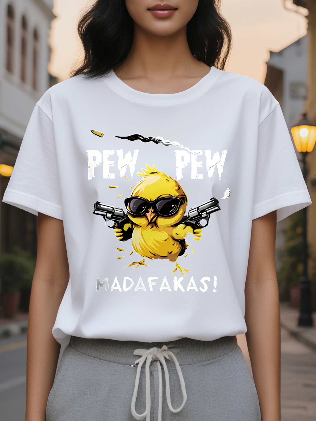 Ladies Casual Short Sleeve T Shirt Black Cartoon Chick Wear Fashion Glasses with Gun Pattern PEW MADAFAKAS
