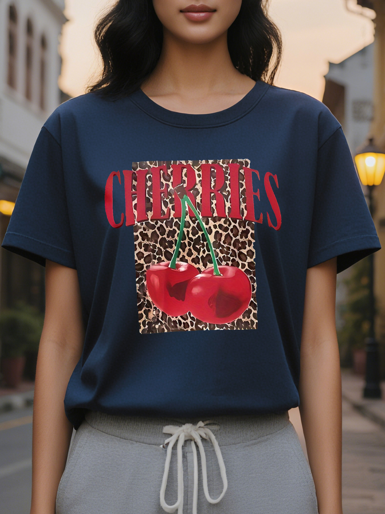 CHERRIES American Style Printed Pattern Fashion Round Neck Short Sleeve T-shirt Spring and Summer New Slim Fit Slimming