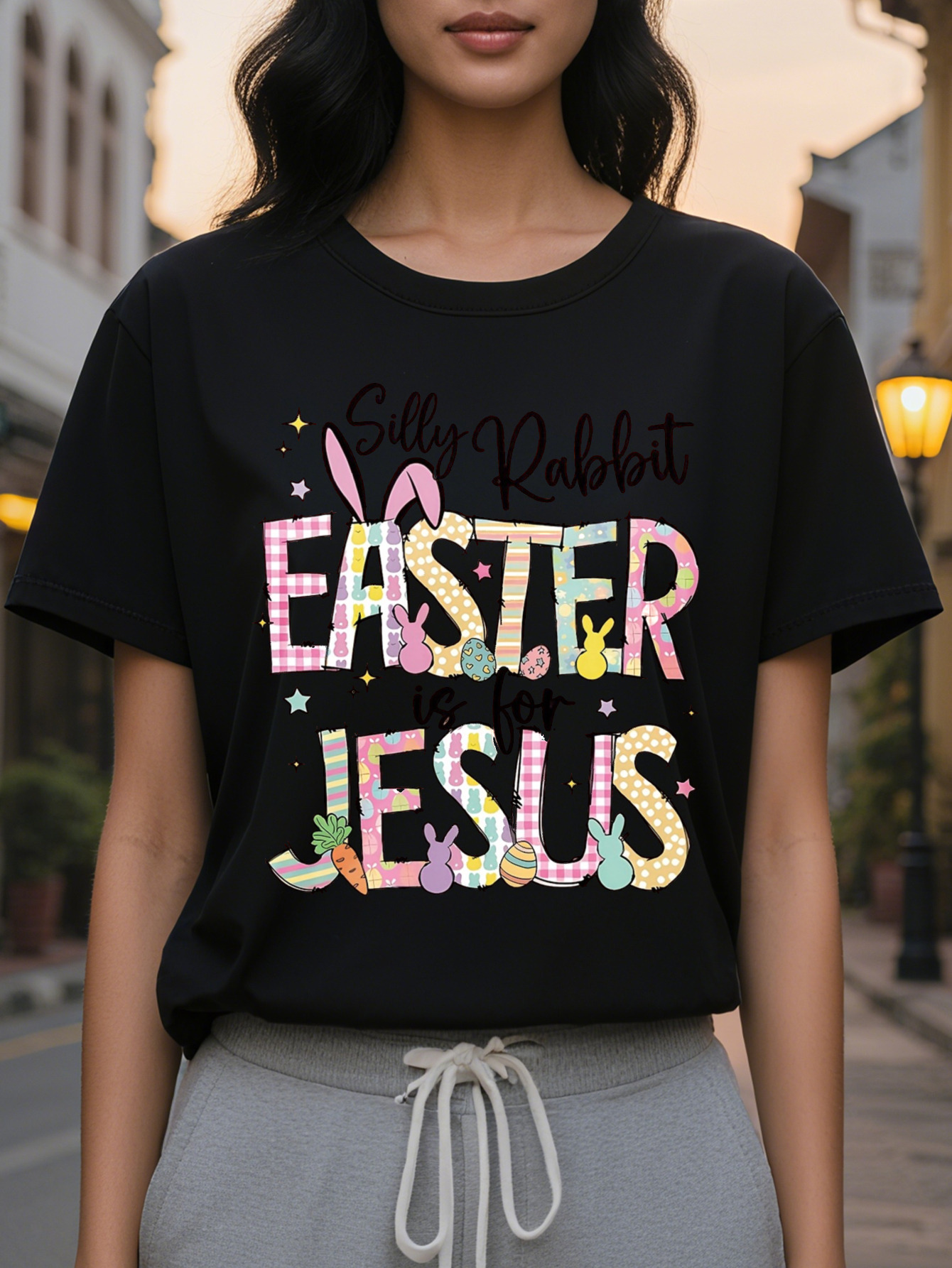 Large XL Silly Is Jesus Happy Easter Bunny Christian Graphic Print Fashion Casual Short Sleeve Spring Summer Fit Crew Plus Size