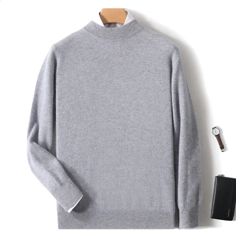 100 Pure Merino Wool Mens Semi High Neck Pullover Solid Color Plus Size Casual Sweater Autumn And Winter Sports Cashmere Top 250904