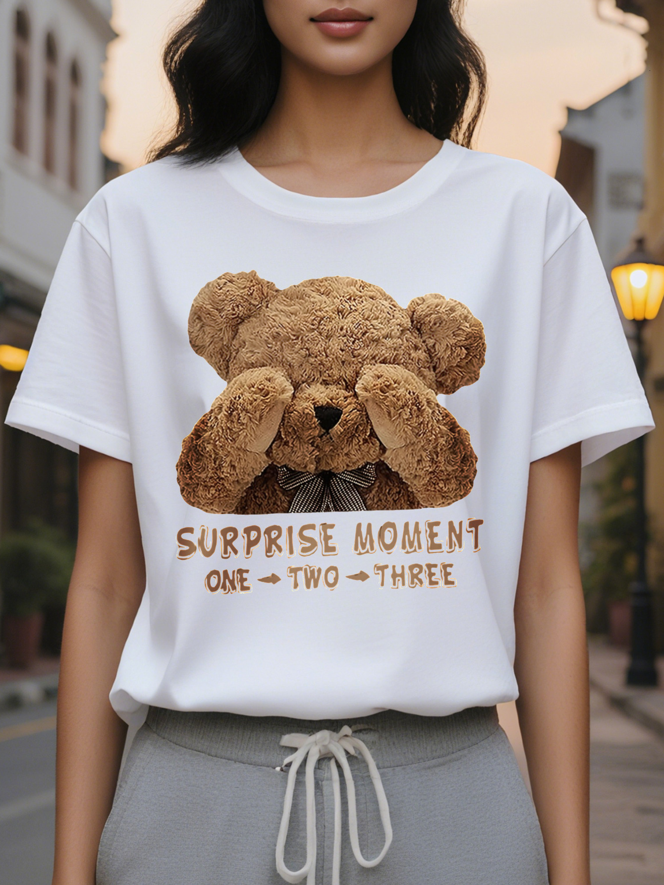 Women S Cute Teddy Bear Graphic T-Shirt Casual Short Sleeve Crew Neck Black with Surprise Moment Design Soft for