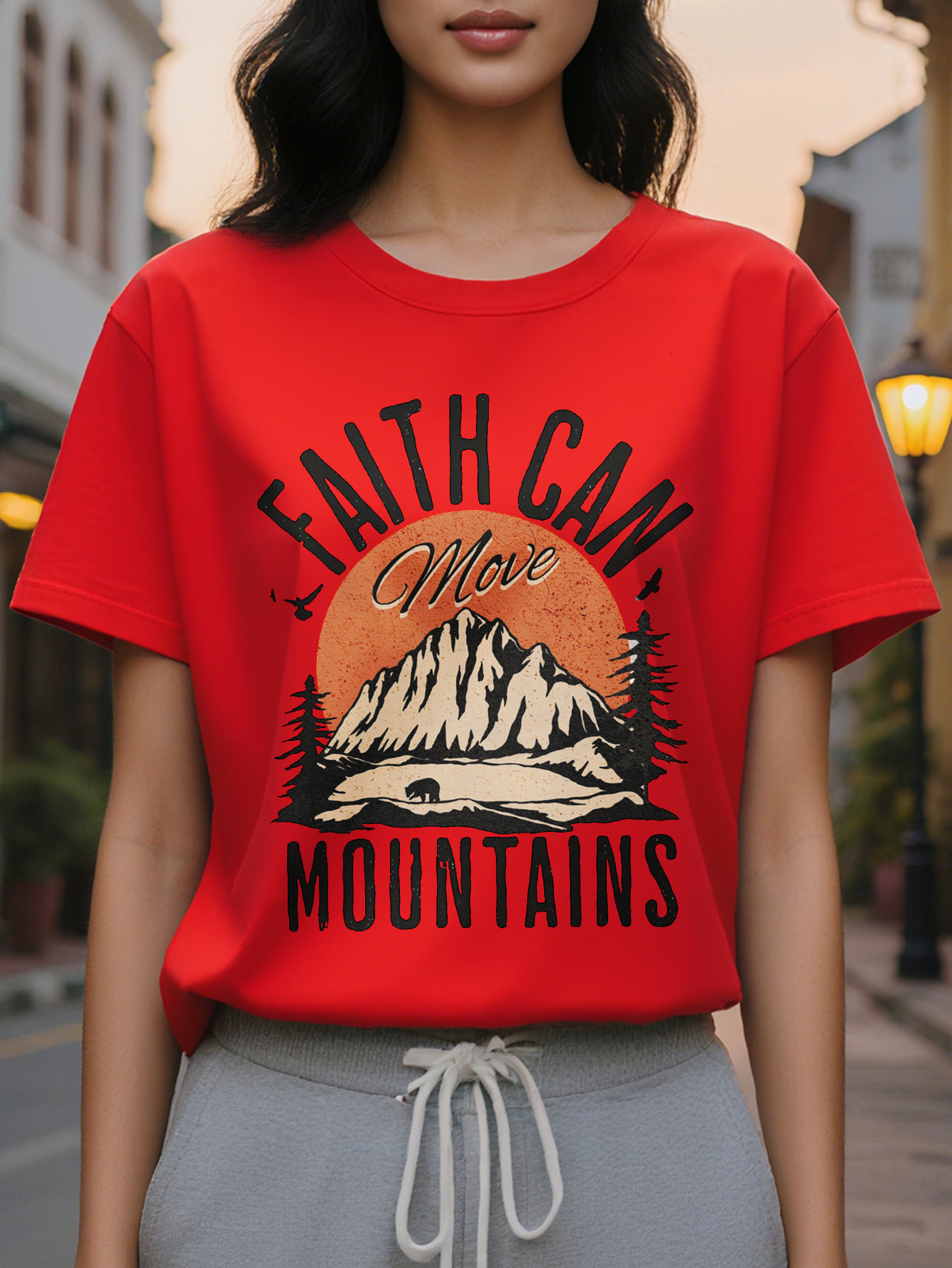 Faith can move mountains printed T-shirt casual round neck short sleeve jacket women's clothing
