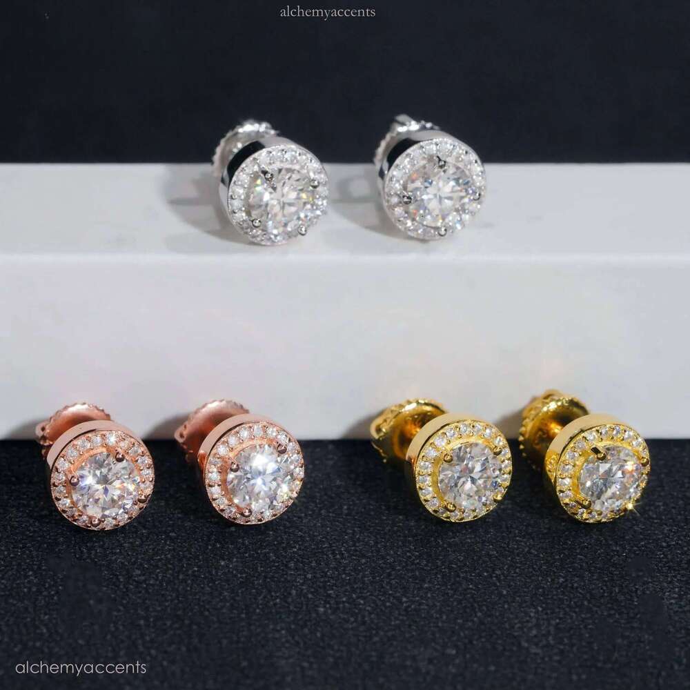 Ready to Ship Hip Hop Style Tester Certified Sier Gold Plated VVS Dia Moissanite Stud Earrings Round