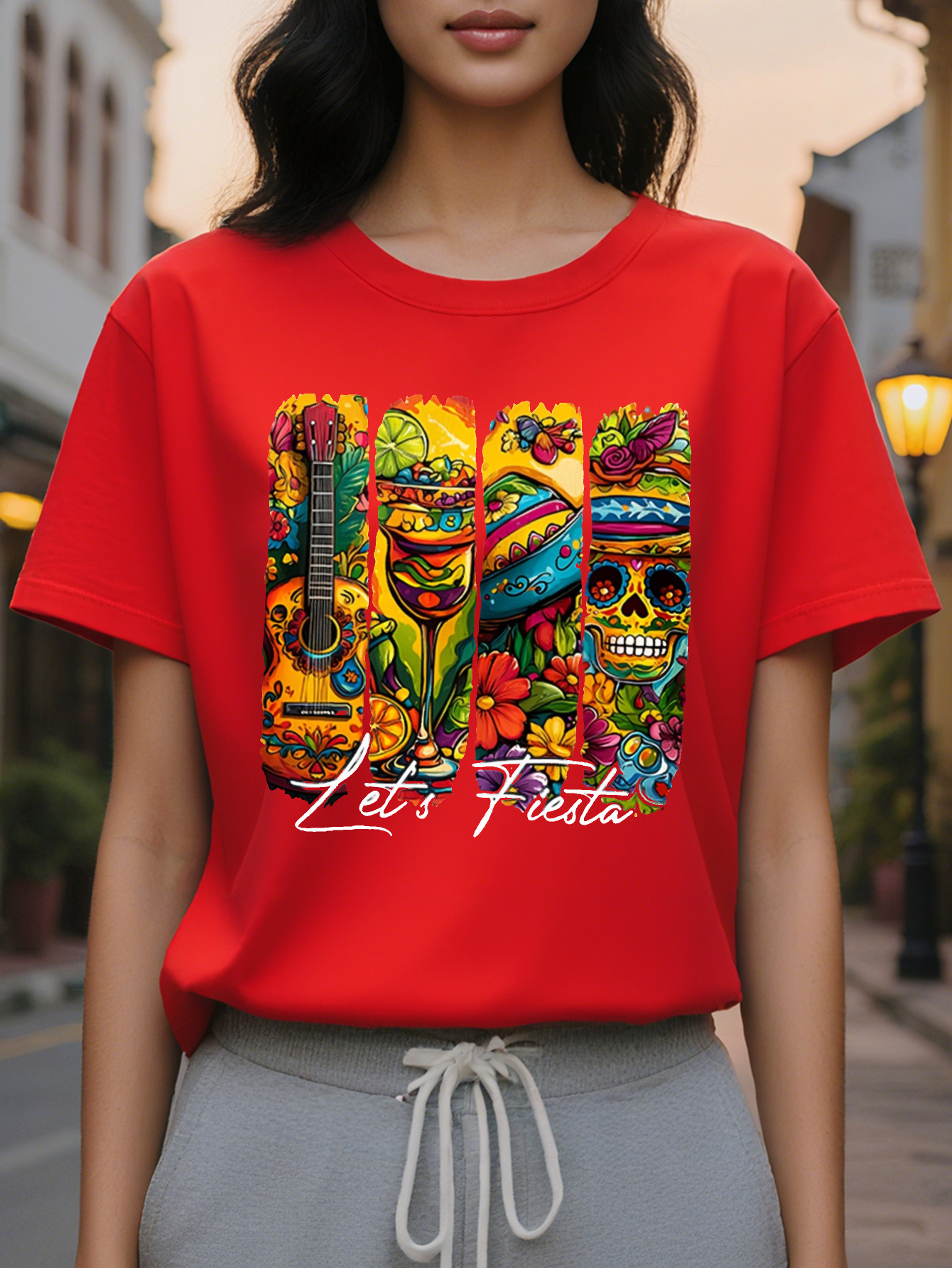 LETS FIESTA Distinctive Fashion Printed Round Neck Short Sleeve T-shirt Spring and Summer High End Slimming Women's