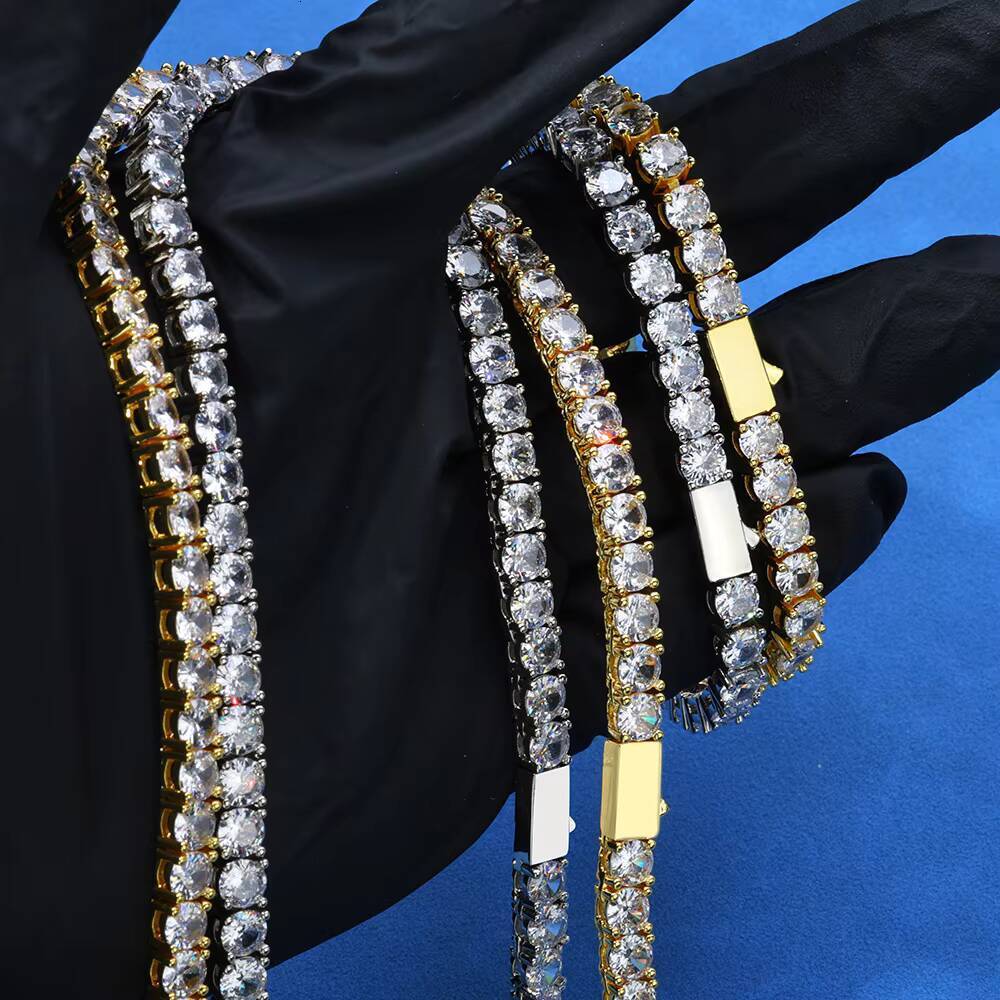 Hip Hop 925 Sterling Silver VVS Moissanite Diamond Necklace Classic Tennis Chain for Men and Women Fine Jewelry
