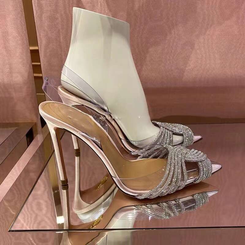 35-43 Plus Size PVC Transpnt Sandals Closed Toe Cross Rhinestone High Designer Shoe Heels New Backless Shallow Sweet Banquet Wedding Shoes