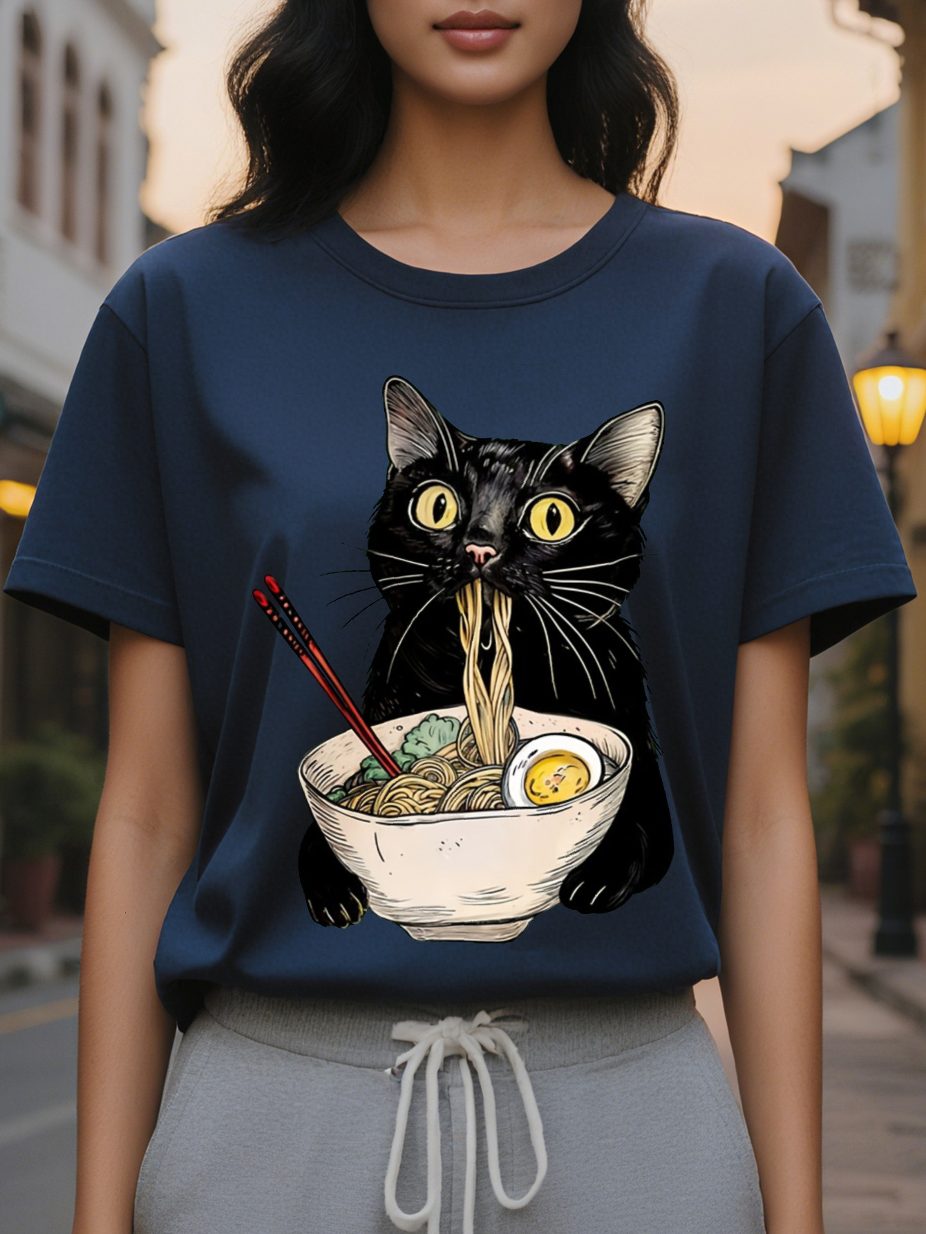 Large XL Women's Casual Sleeveless with Playful Black Cat Eating Noodles Cartoon Print Light Green Round Neck Summer Top Plus Size