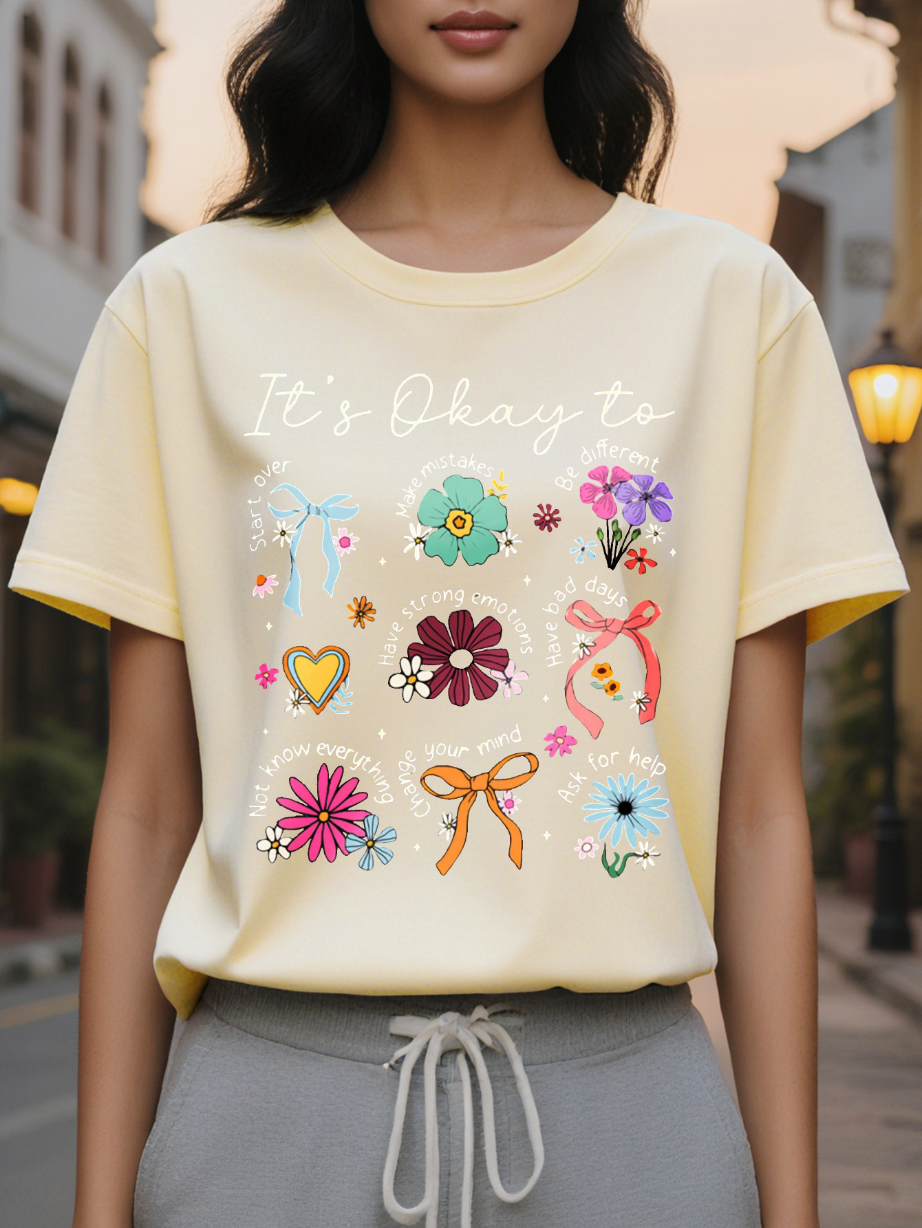 Large XL Women S Casual Short Sleeve T-Shirt Black with Colorful Floral Butterfly Print It's Okay to Be Different Graphic Plus Size