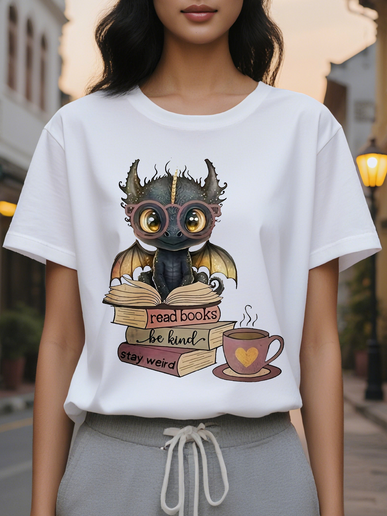 Large XL Soft Graphic Women's T-Shirt Cute Dragon Print with Read Books Be Kind Stay Weird Light Beige Round Neck Tee Plus Size