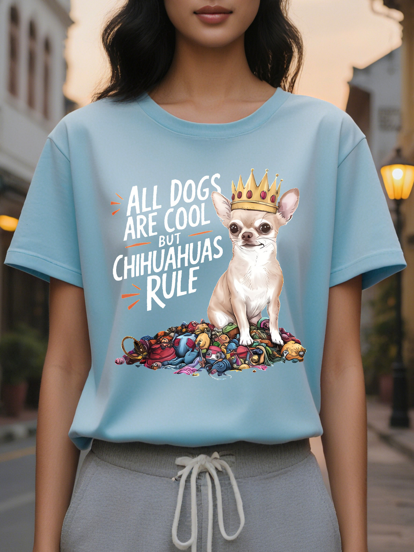 Women S Chihuahua Puppy Print T-Shirt Casual Crew Neck Short Sleeve Top Cotton Knit Fabric Slight Stretch