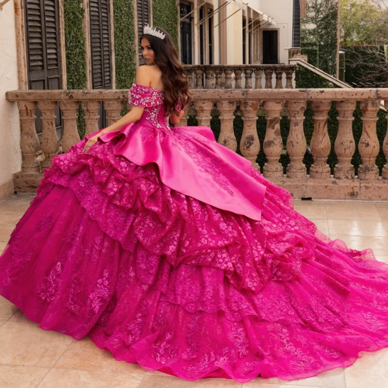 Rose Red Shiny Quinceanera Dresses Ball Gown Off The Shoulder Applique Lace Beading Crystal Tiered Tull Sweet 16 Dress Vestidos 15 Anos