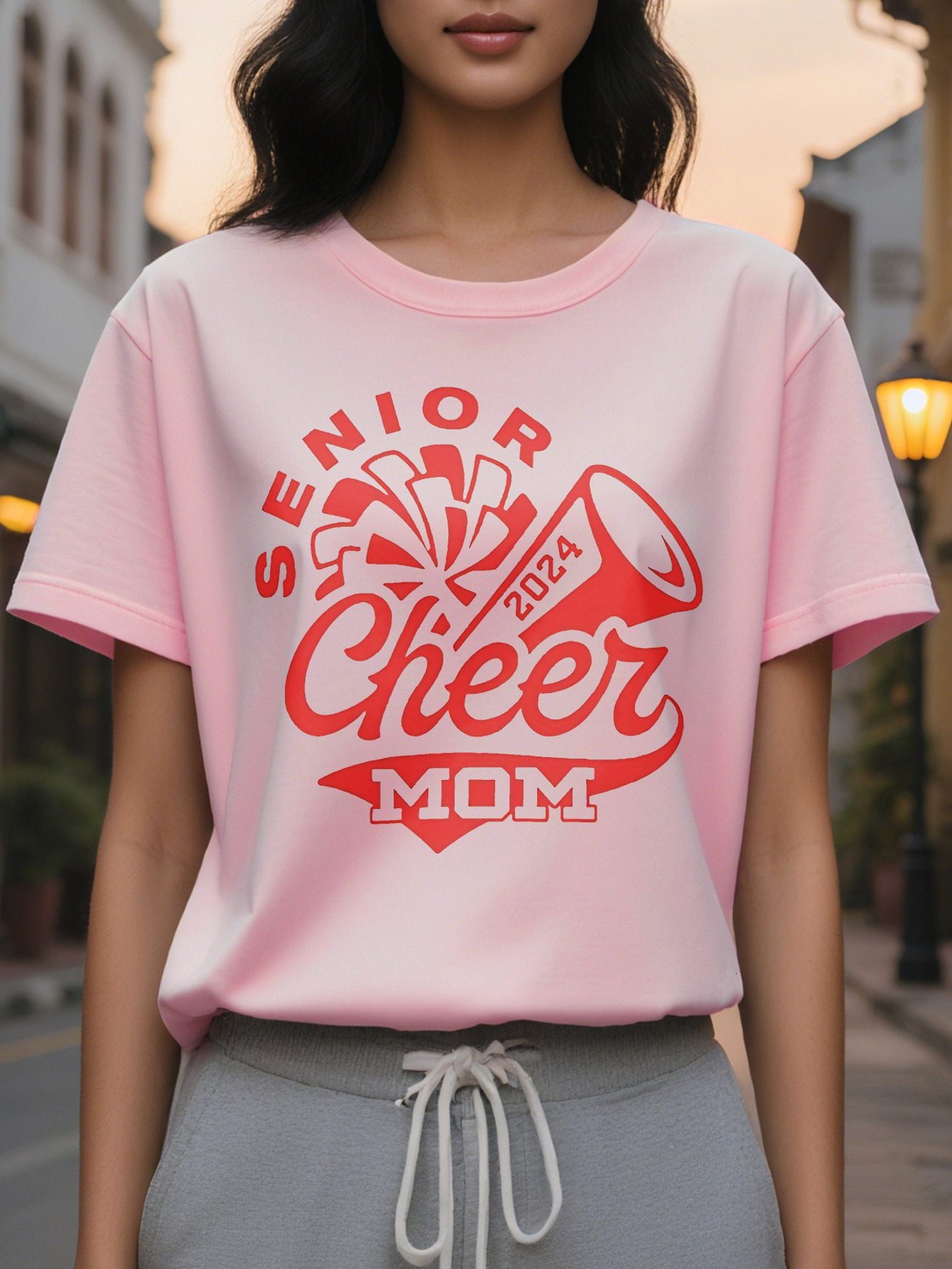 Large XL Stylish Senior Cheer Mom Graphic Women Casual Crew Neck Soft Cotton Washable Perfect for All Seasons Plus Size