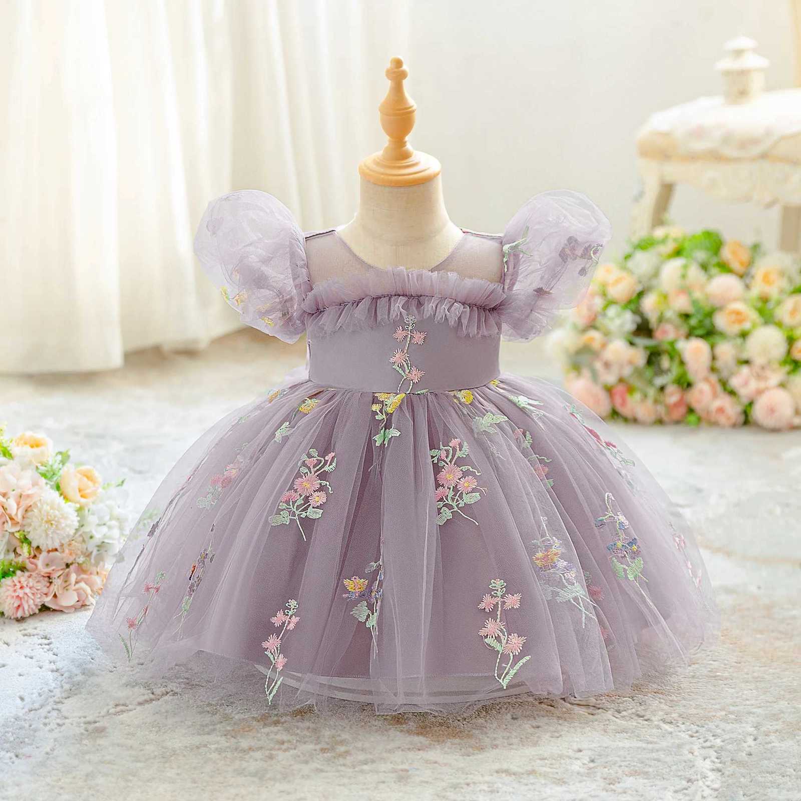 Toddler Embroidery Flower Baptism Party Baby Girl Dress Elegant 1 Yrs Birthday Princess Prom Dress Girl Wedding Bridesmaid Gown Z250904