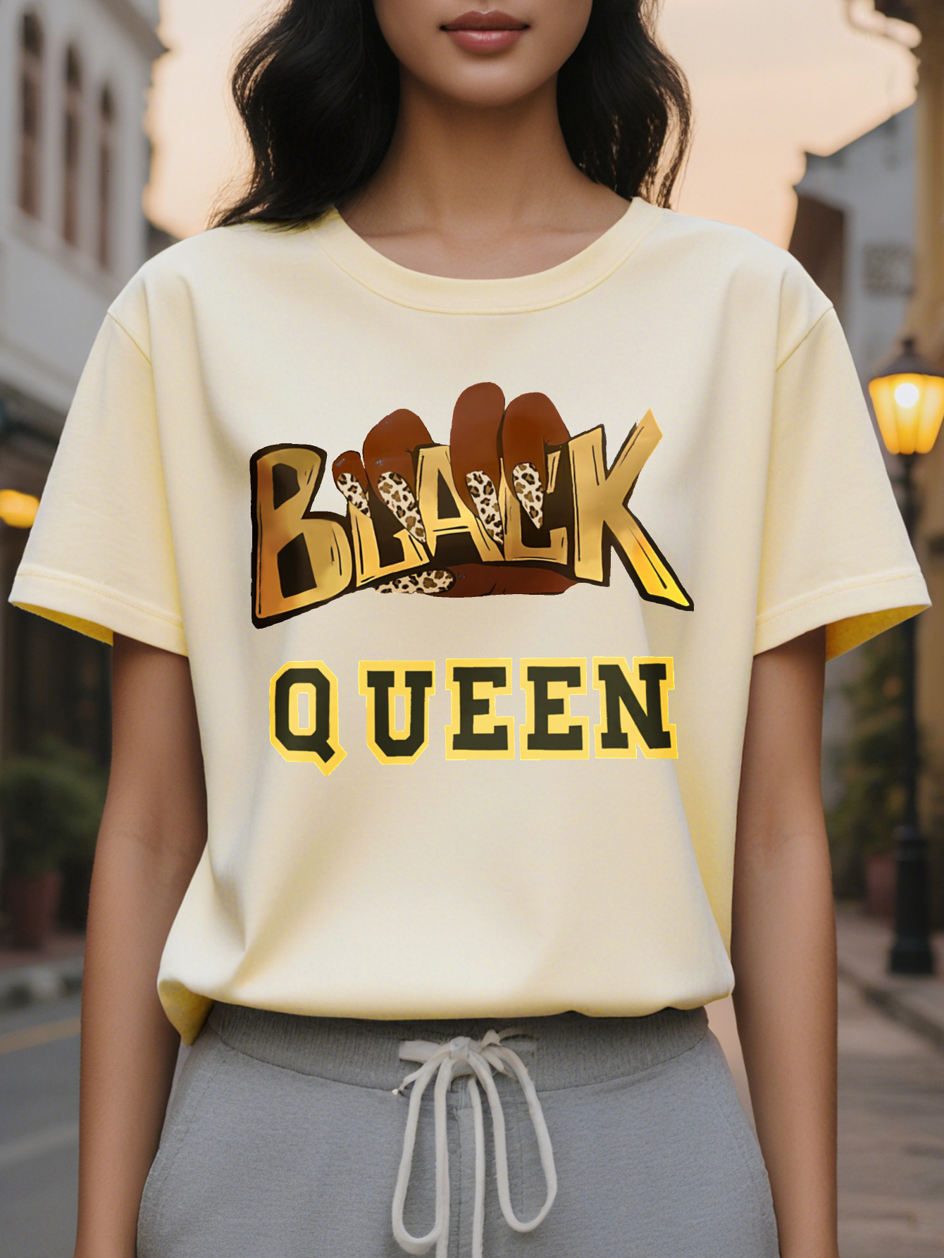 Large XL Women S Black Queen Graphic T-Shirt Beige Crew Neck Tee with Bold Golden Lettering Casual Everyday Formal Outfits Plus Size