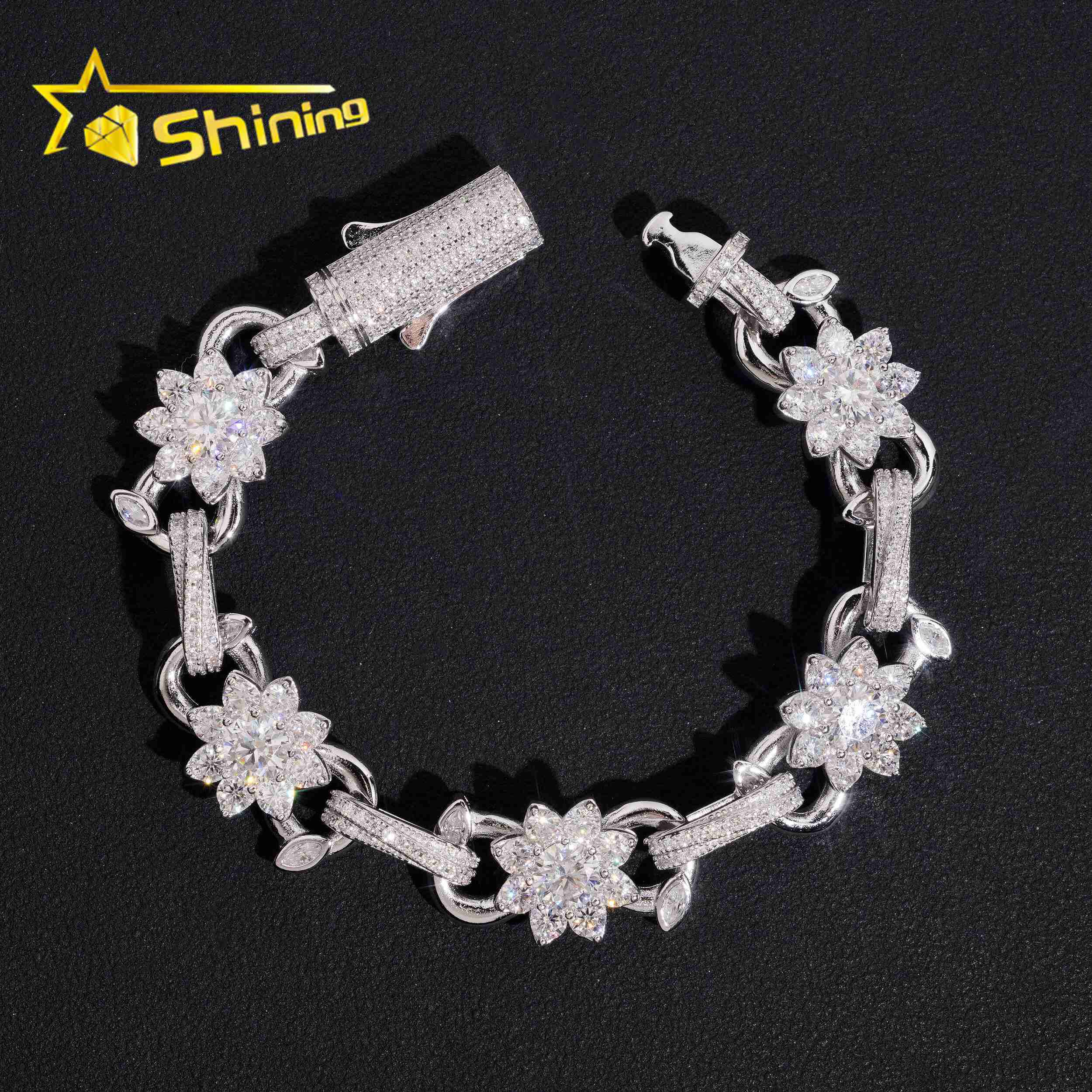 925 Silver Iced Out 13mm Flower Moissanite Cuban Link Bracelet Hip Hop Jewelry Custom High Quality Cuban Bracelet for Men Women