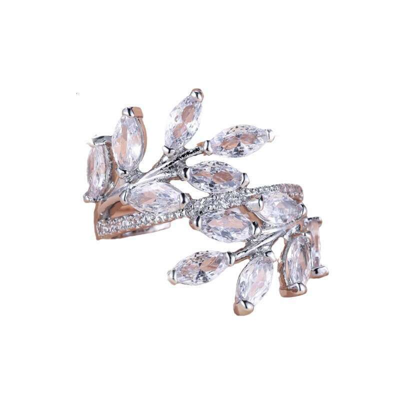 Boho Marquise Zircon Leaf Open Ring - Rose Gold Green Crystal Nature-Inspired Jewelry Fashion Versatile Adjustable Statement Ring for Women