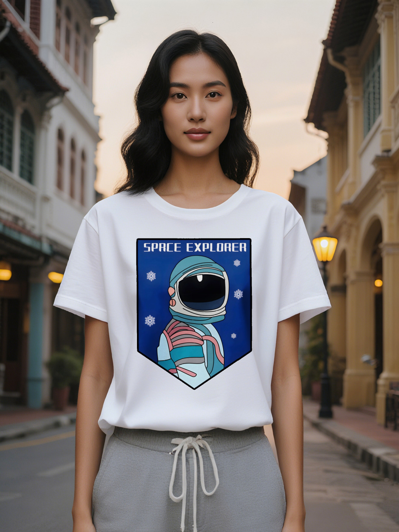 Large XL Women's Casual Graphic T-Shirt Explorer Astronaut Helmet Stars Print Black Round Neck Summer Tee Regular Fit Unique Plus Size