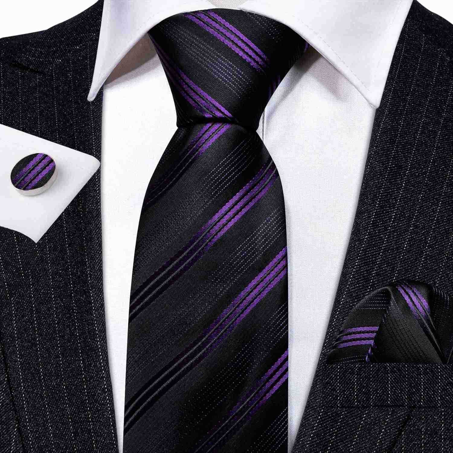 Man Stripe Ties Set Silk Woven Pocket Square Necktie Cufflinks Formal Party BusinessW250904