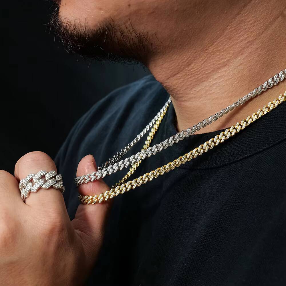 Mossanite Cuban Chain Necklace for Men 6mm Width 2 Rows 925 Silver Hip Hop Style Jewelry with Stylish Moissanite