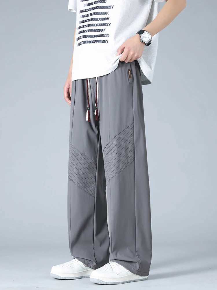 Summer Ice Silk Sweatpants Men Breathable Knee Mesh Lightweight Cooling Pants Wide Leg Loose Fit Straight Trousers Big Size 8XLXJ250904