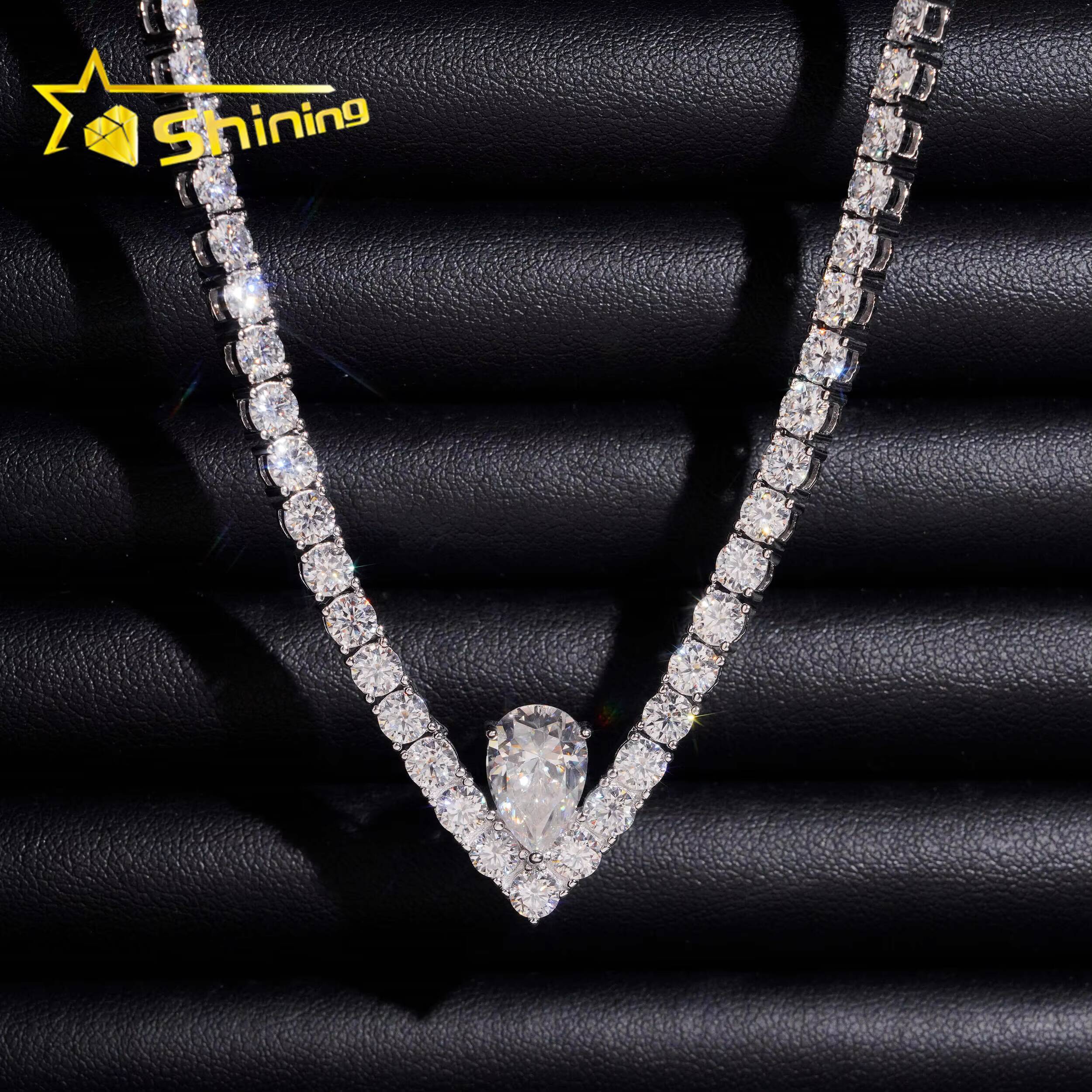 New Arrival Fine Jewelry Necklaces 925 Silver 4mm Moissanite Tennis Chain with Pear Cut Pendant Custom Fashion Chains Necklaces