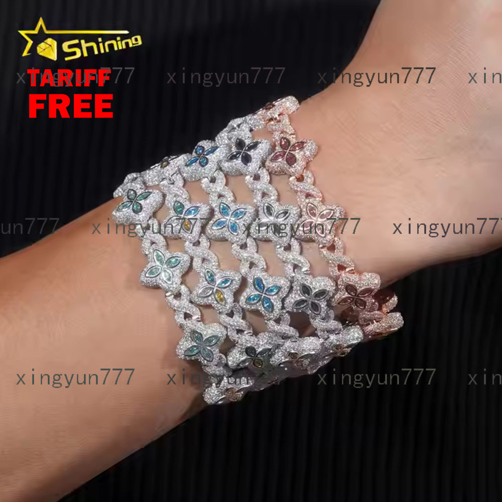 New Design Iced Out Colors Moissanite Cuban Link Chain Sterling Silver 925 Moissanite 15mm Bracelets Hip Hop Mens Jewelry