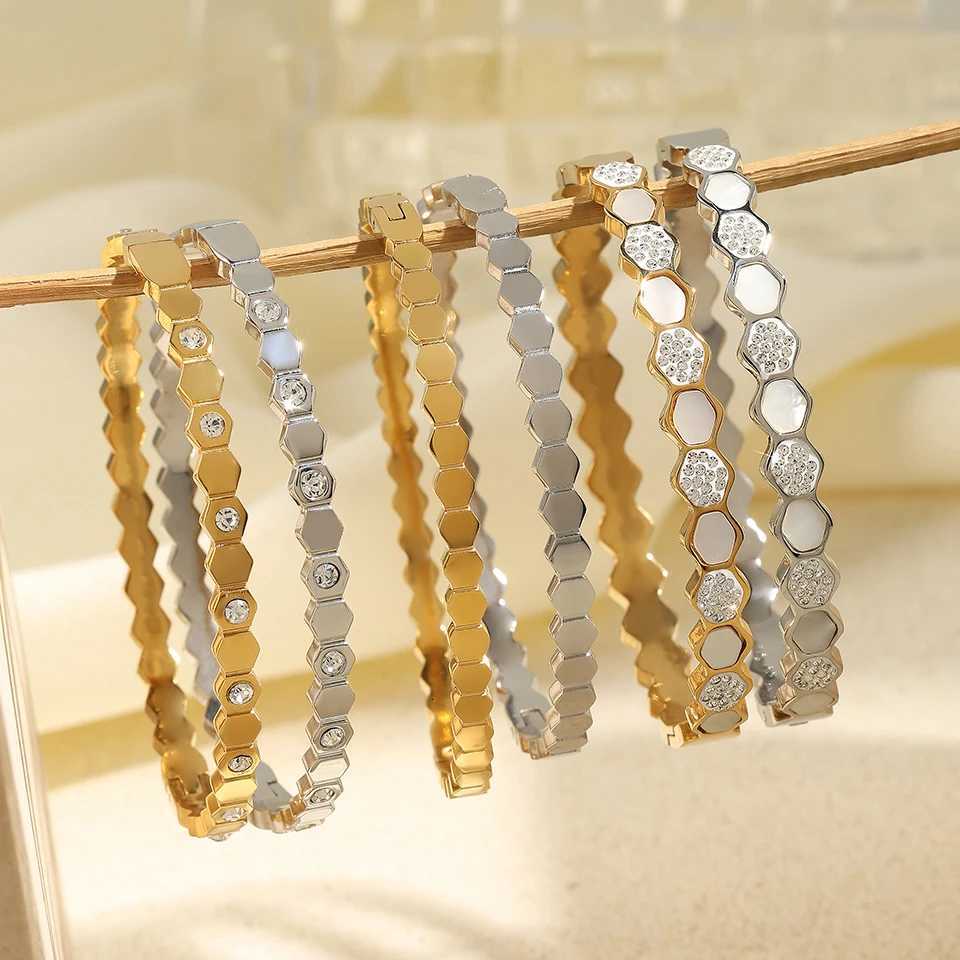 UILZ 316L Stainles Steel Open Hexagon Bracelet For Wen Highquty Exquisite Zircon Inlay Simple Not Fading Bracelet Jewelry Y250904