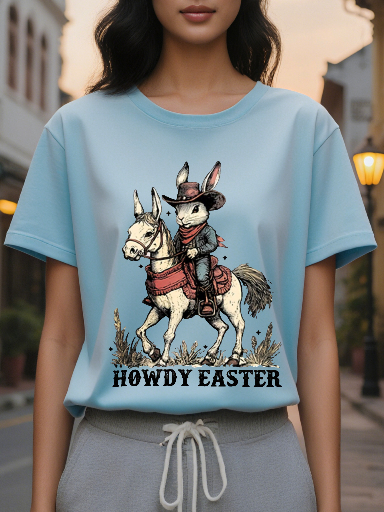 Howdy Easter Pattern Printed Women's Short Sleeve T-Shirt Light Gray Round Neck with Denim Rabbit Design Comfortable