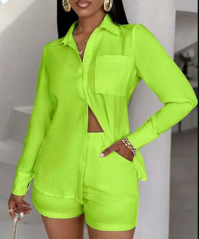 Women's Clothing Elegant Solid Color Pocket Long Sleeved Shirt + Shorts Suit Two Piece Set