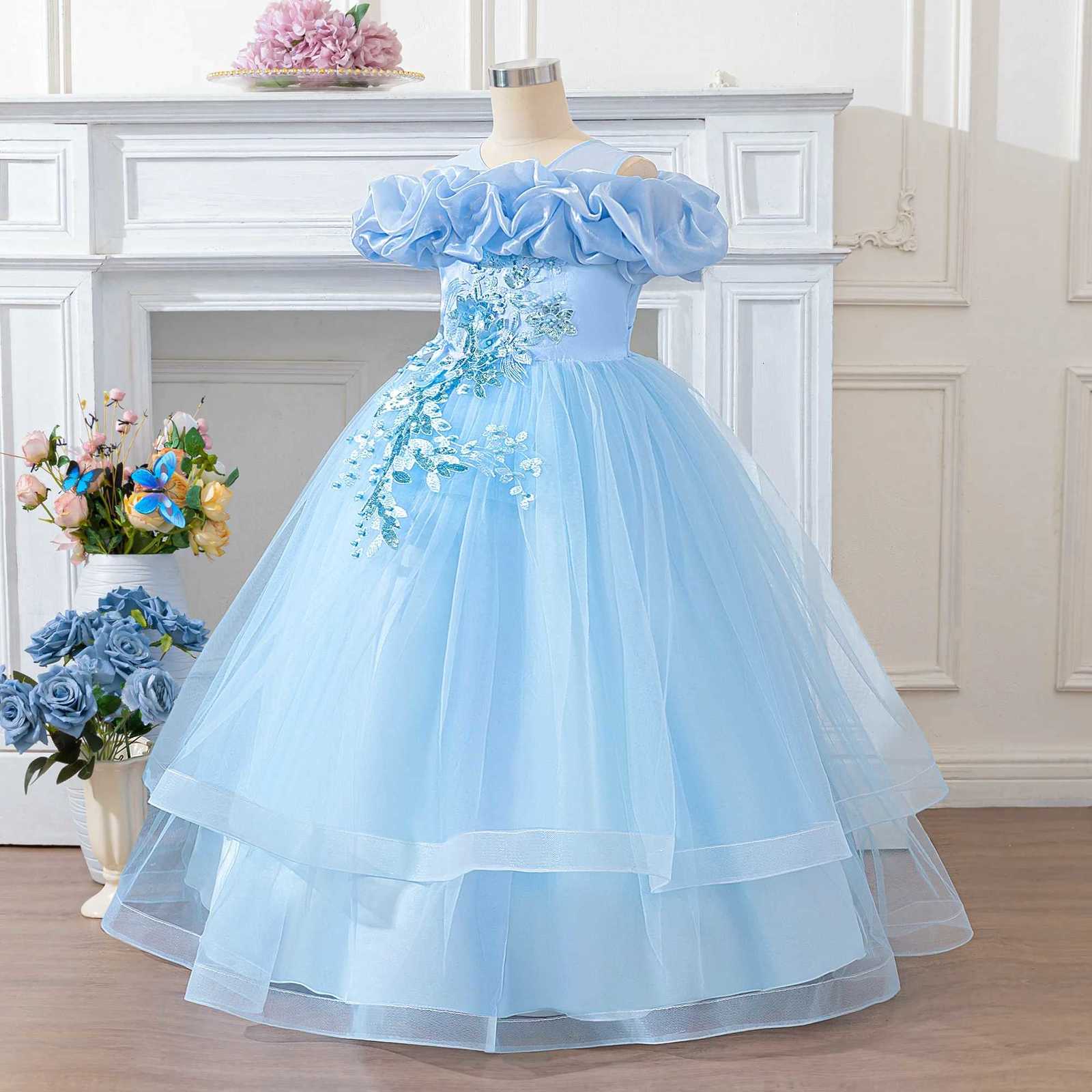 Folding Flower Princess Party Girls Dress Elegant Tulle Bridesmaid Wedding Evening Dress for Girls Birthday Graduation Prom Gown Z250904