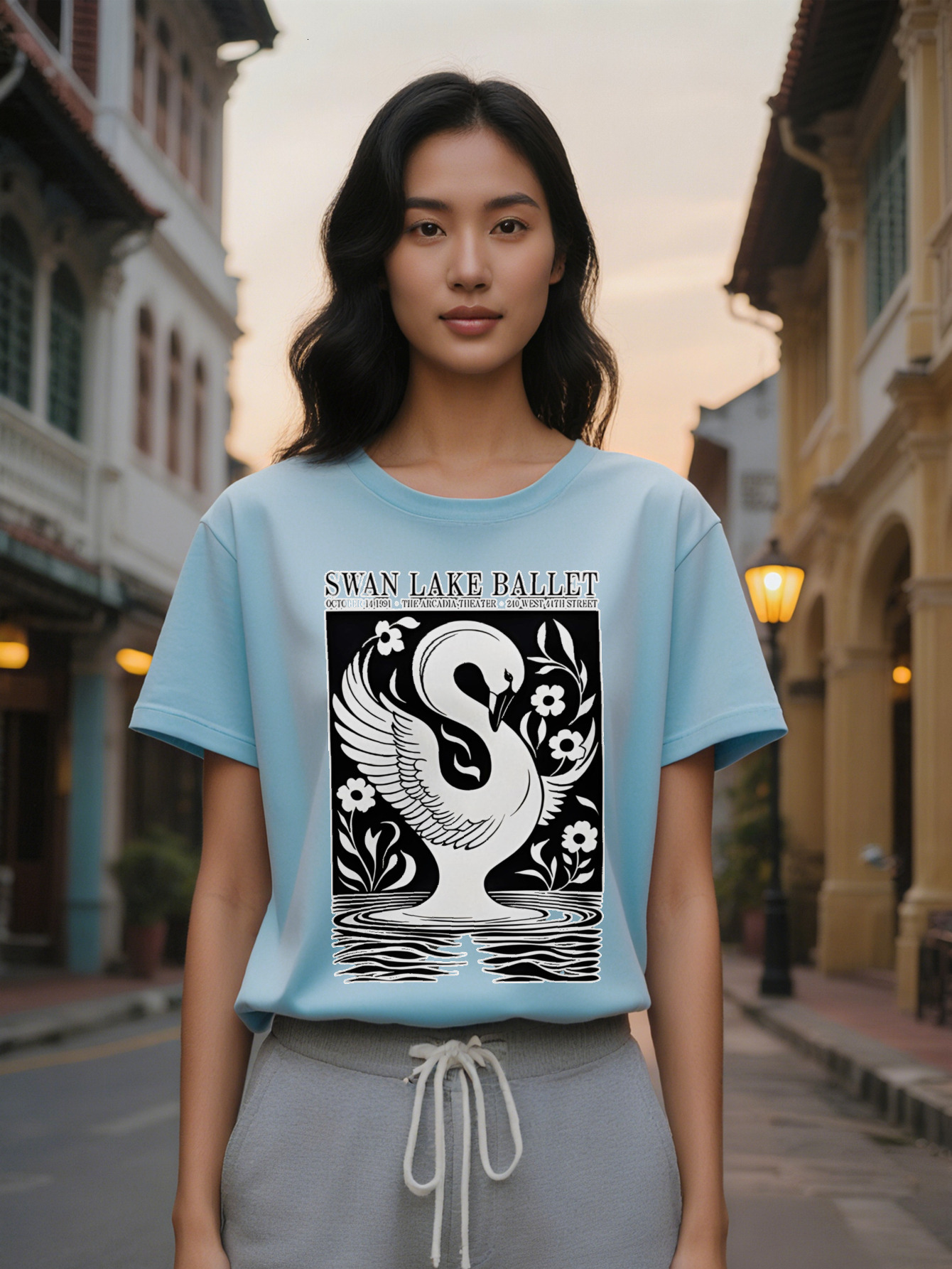 Large XL Women's Casual Lacquer Graphic T-Shirt Black with White Swan Floral Print Round Neck Summer Tee Washable Regular Plus Size