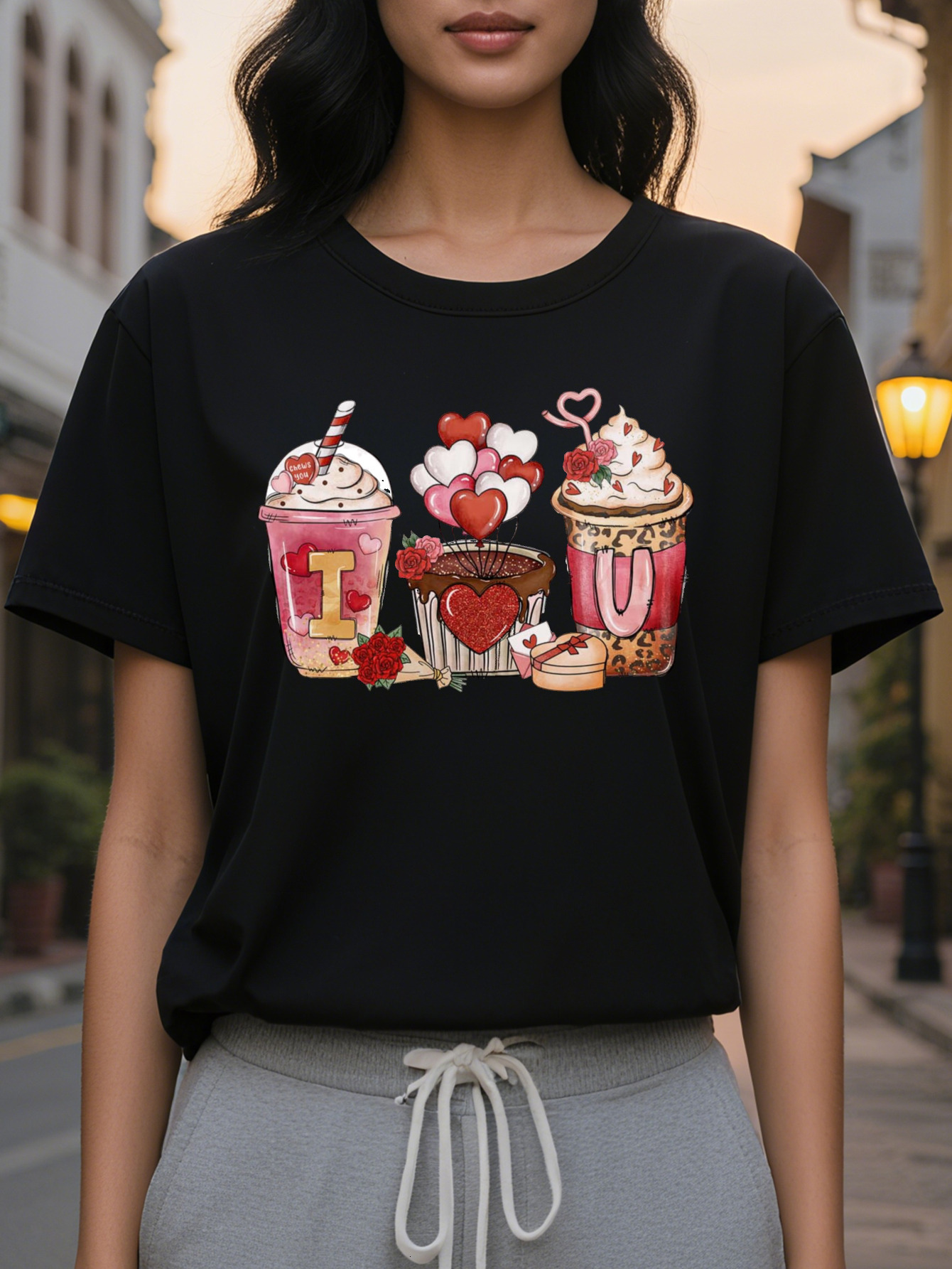 Valentine's Day Coffee Pattern Short Sleeve T-Shirt Women's Round Neck Casual Top Love Letter Printing Medium Stretch