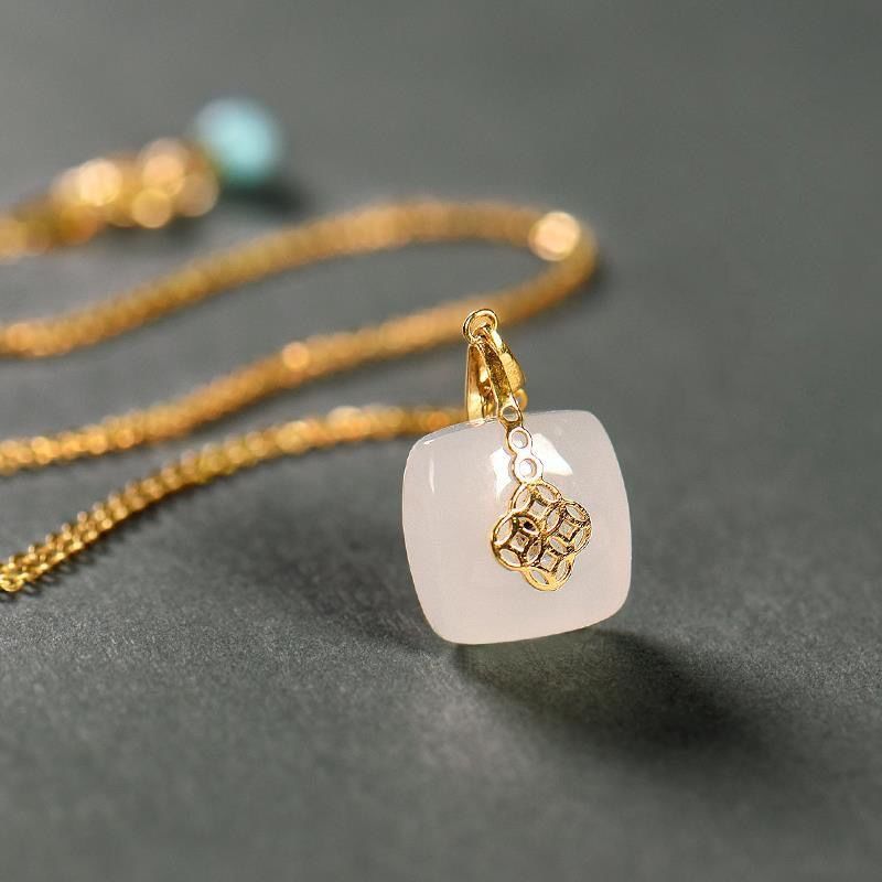 sNew silver Hetian white jade square pendant necklace exquisite gold cold wind light luxury charm noble women brand jewelry