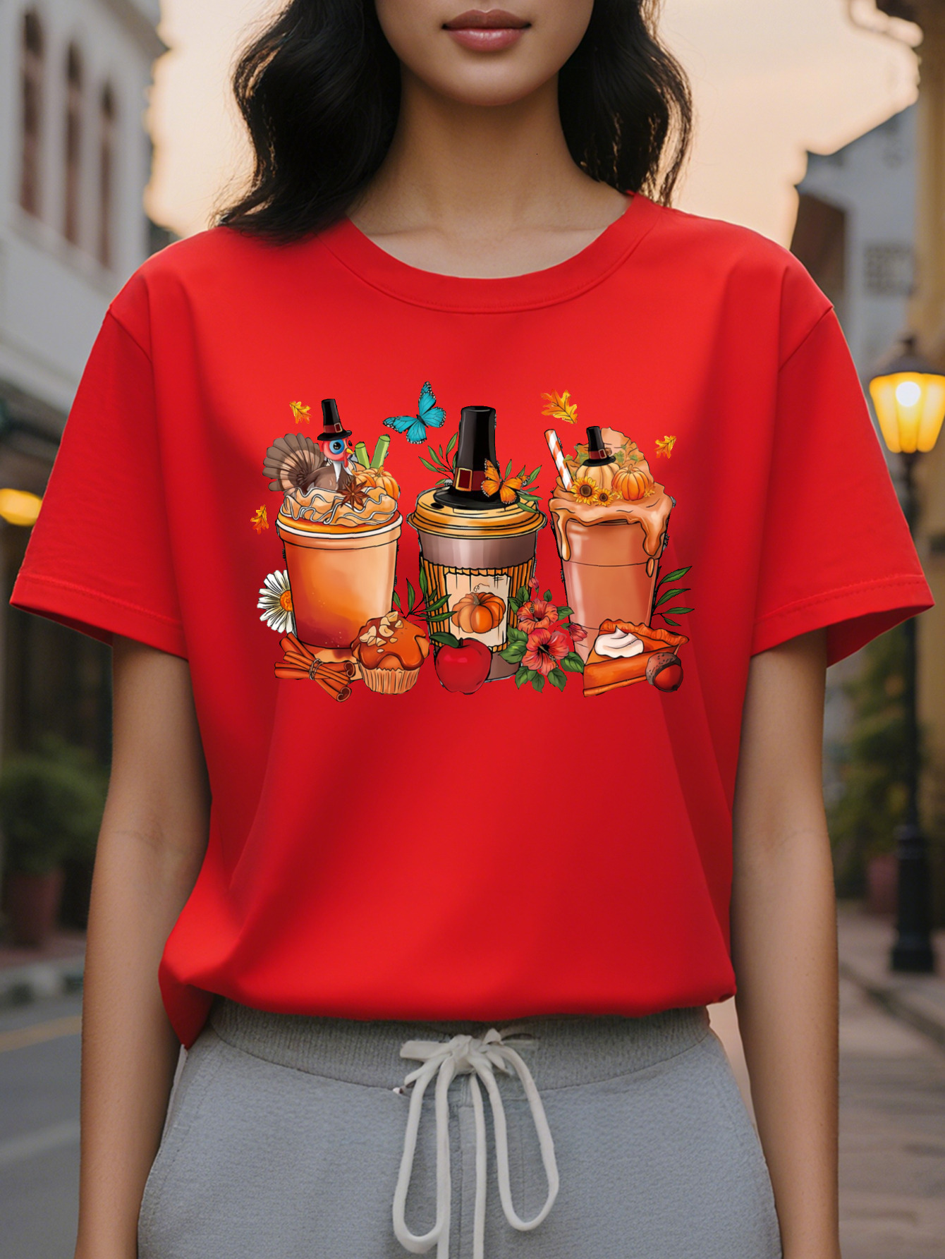 Large XL Women's White Thanksgiving Coffee Print T-Shirt Autumn Harvest Graphic with Pumpkins Leaves Turkey Design Plus Size