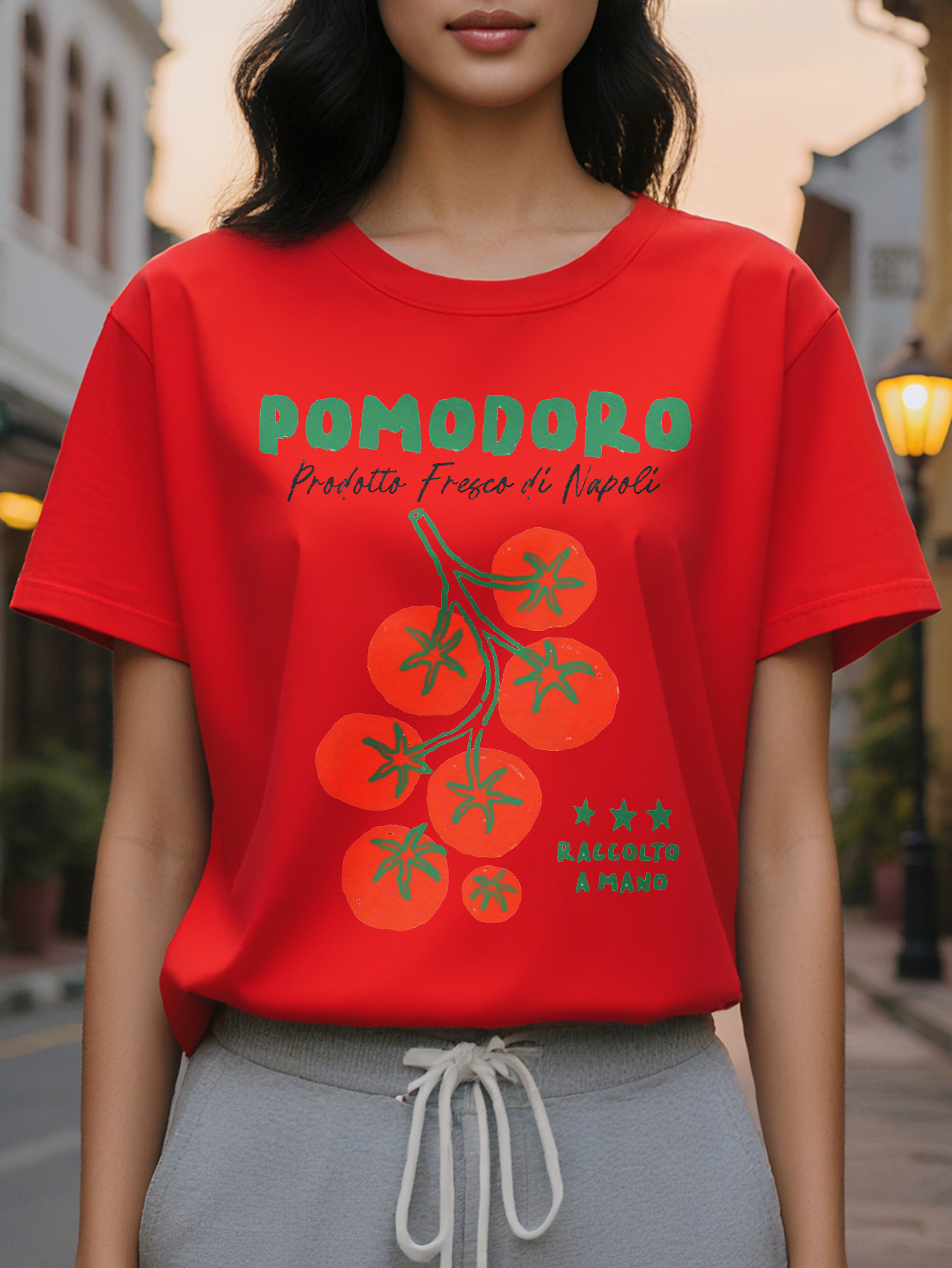 Women's Elegant Summer T-Shirt White Short Sleeve Round Neck Top Bright Tomato Pattern and Italian Products from Naples