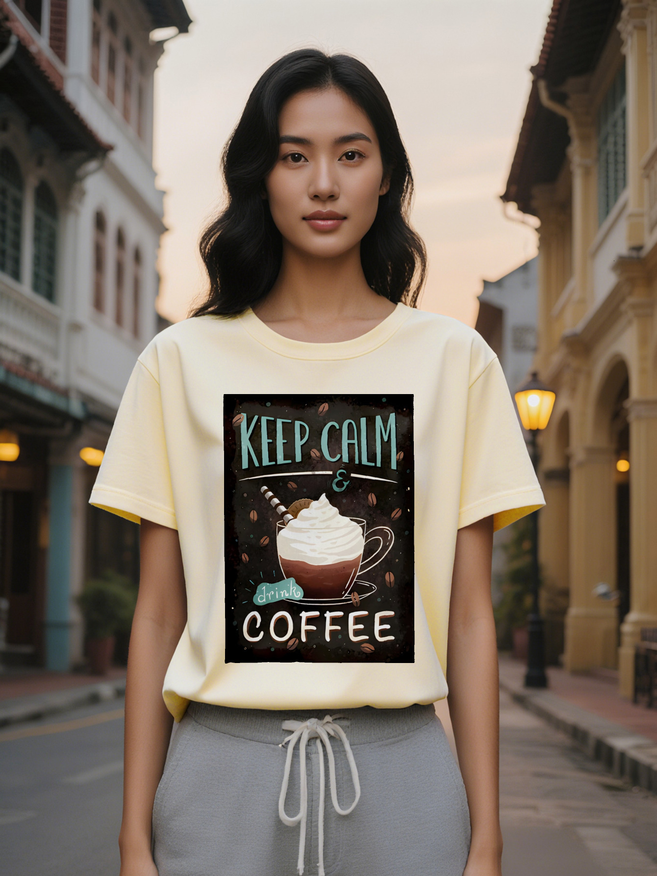 Large XL Lady Casual Graphic T-Shirt Keep Calm Drink Print with Beans Latte Art Black Round Neck Summer Tee Washable Plus Size