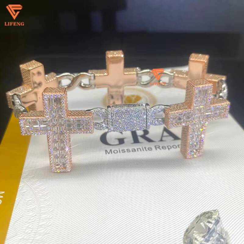 Lifeng Jewelry Ice Cross Cuban Link Chain Hiphop Baguette Out VVS Moissanite Two Tone Solid Sterling Silver Men Women Bracelet