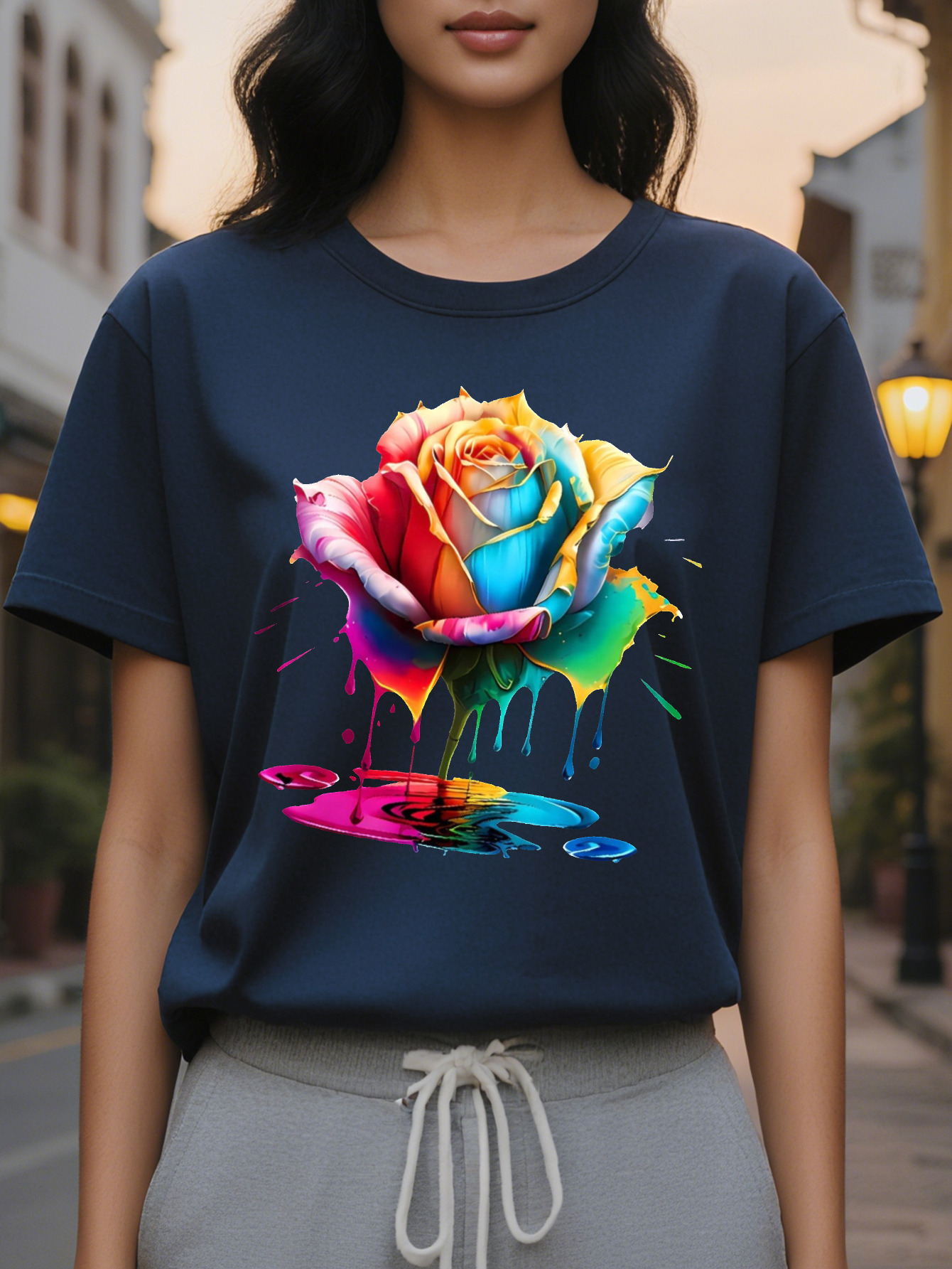 Relaxed Fit Cotton Women s Casual Floral Print T Shirt, Washable, Round Neck, Spring/Summer