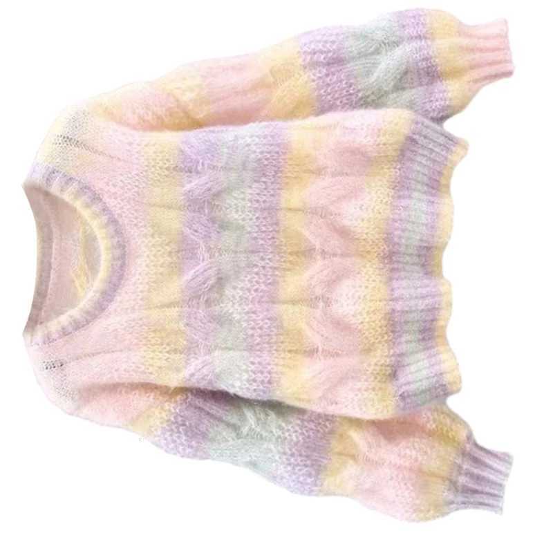 Womens Harajuku Pink Rainbow Striped Hollow Cable Knit Thick Sweater Long Sleeve Round Neck Knitwear Pullover Jumper Top M250904