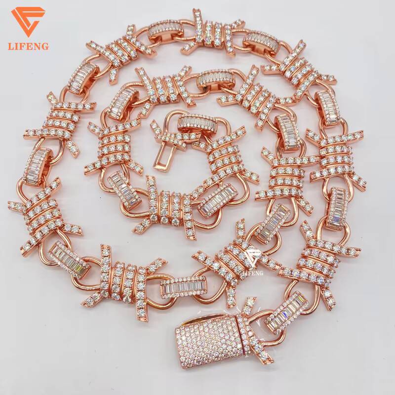 Lifeng Jewelry Custom Cluster Chain Rose Gold Moissanite Necklace with 925 Silver Iced VVS Diamond Hip Hop Cuban Style
